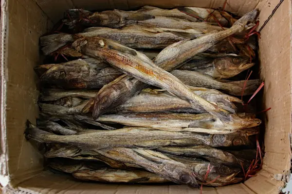 stock image Dried fish stored in a cardboard box in a grocery store, Dongguan City, Guangdong Province, China