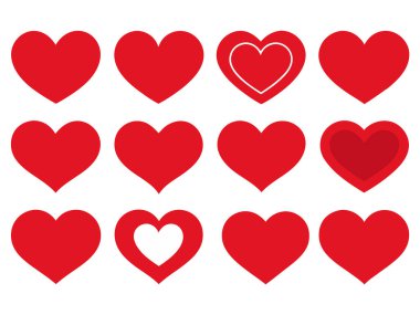 Red Heart Düz Çizgi Film Simgeleri. Sevgililer Günü için çeşitli şekillerde romantik soyut semboller. Düğünler için Bayrak Şablonu Dekoratif Elementleri.