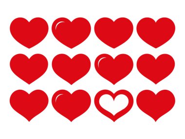Red Heart Düz Çizgi Film Simgeleri. Sevgililer Günü için çeşitli şekillerde romantik soyut semboller. Düğünler için Bayrak Şablonu Dekoratif Elementleri.