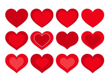 Red Heart Düz Çizgi Film Simgeleri. Sevgililer Günü için çeşitli şekillerde romantik soyut semboller. Düğünler için Bayrak Şablonu Dekoratif Elementleri.