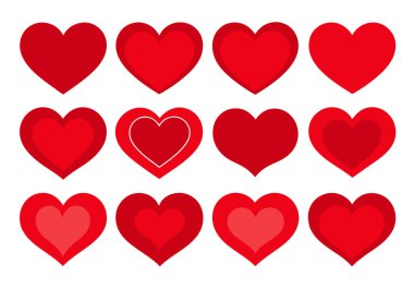 Red Heart Düz Çizgi Film Simgeleri. Sevgililer Günü için çeşitli şekillerde romantik soyut semboller. Düğünler için Bayrak Şablonu Dekoratif Elementleri.