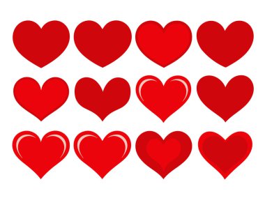 Red Heart Düz Çizgi Film Simgeleri. Sevgililer Günü için çeşitli şekillerde romantik soyut semboller. Düğünler için Bayrak Şablonu Dekoratif Elementleri.