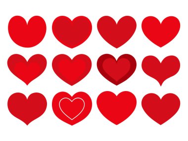 Red Heart Düz Çizgi Film Simgeleri. Sevgililer Günü için çeşitli şekillerde romantik soyut semboller. Düğünler için Bayrak Şablonu Dekoratif Elementleri.
