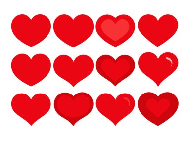 Red Heart Düz Çizgi Film Simgeleri. Sevgililer Günü için çeşitli şekillerde romantik soyut semboller. Düğünler için Bayrak Şablonu Dekoratif Elementleri.