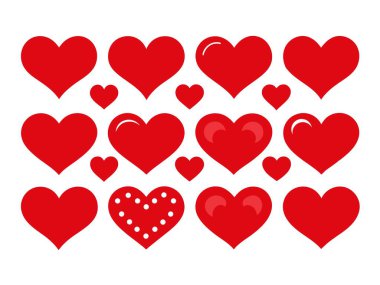 Red Heart Düz Çizgi Film Simgeleri. Sevgililer Günü için çeşitli şekillerde romantik soyut semboller. Düğünler için Bayrak Şablonu Dekoratif Elementleri.