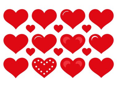 Red Heart Düz Çizgi Film Simgeleri. Sevgililer Günü için çeşitli şekillerde romantik soyut semboller. Düğünler için Bayrak Şablonu Dekoratif Elementleri.