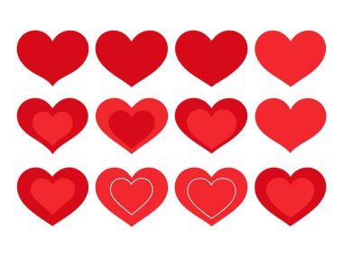 Red Heart Düz Çizgi Film Simgeleri. Sevgililer Günü için çeşitli şekillerde romantik soyut semboller. Düğünler için Bayrak Şablonu Dekoratif Elementleri.
