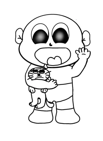 Sevimli çizgi film bebeği kedi resmi taşıyor.