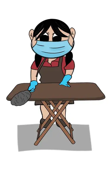 Kadın çizgi film resimlerini temizliyor.