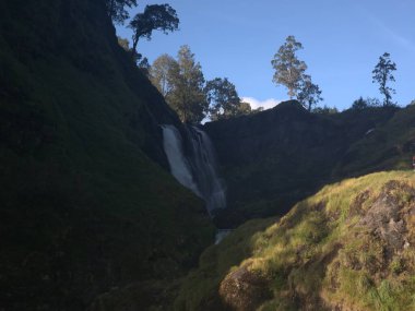 A waterfall is in the foreground of a lush green hillside. The water is flowing down the side of the hill, creating a beautiful and serene scene. The sky is clear and blue clipart