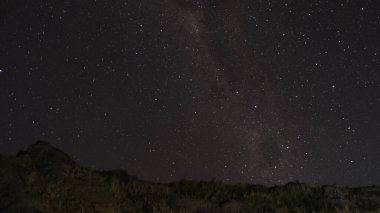 Gece gökyüzü yıldızlarla ve sütlü beyaz bulutlarla doludur. Yıldızlar gökyüzüne dağılır, bazıları ufka daha yakındır, diğerleri ise daha yüksektir.