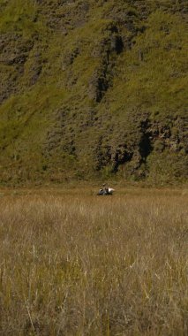 Bir adam uzun otların arasında motosiklet sürüyor. Çimenler kahverengi ve kuru. Sahnedeki tek kişi de erkek. Sahne sessiz ve huzurlu.