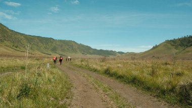 Bir grup insan çimenli bir arazide toprak bir yolda yürüyor. Gökyüzü açık ve güneş parlıyor.