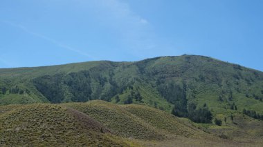 Arka planda açık mavi gökyüzü olan bir dağ sırası. Dağlar yemyeşil, gökyüzü parlak ve güneşli.
