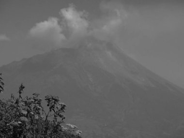 Arka planda bulutlu bir gökyüzü olan bir dağ var. Dağ ağaçlarla kaplı ve gökyüzü bulutlu.