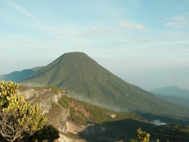 Tepesinde yeşil orman olan bir dağ. Gökyüzü mavi ve güneş parlıyor. Dağ çok yüksek ve ağaçlar yemyeşil.