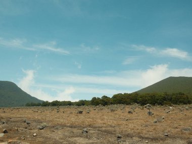 Arka planda mavi bir gökyüzü olan büyük, boş bir alan. Gökyüzü bulutlarla kaplı ve güneş ışıl ışıl parlıyor. Tarla çorak ve kuru, görünürde ağaç ya da bitki yok.