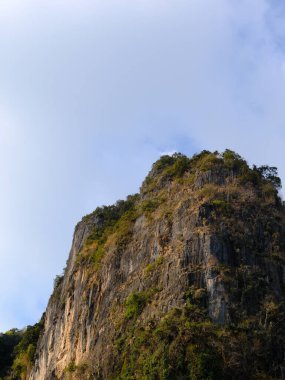Arkasında bulutlu bir gökyüzü olan bir dağ. Dağ ağaçlarla kaplı ve kayalık bir yüzeyi var.