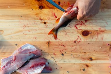 Balık temizleme ve hazırlama. Tahtada bıçakla fileto yapıyorlar.
