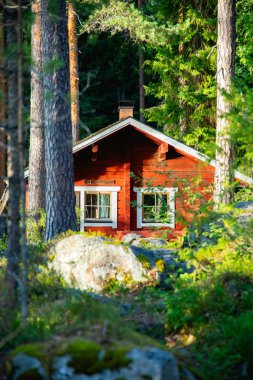 Finlandiya 'da bir ormanın ortasında güzel bir kırmızı kulübe.