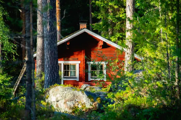 Finlandiya 'da bir ormanın ortasında güzel bir kırmızı kulübe.