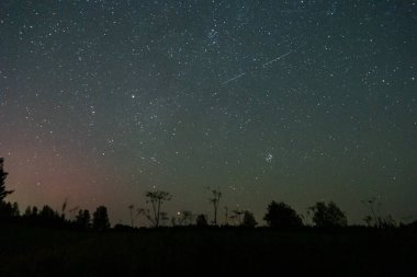 Gece gökyüzü ve yıldızlarla kaplı arazi manzarası
