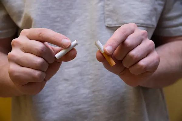 Kapatın ellerinizi sigarayı ikiye bölün. Sigarayı bırakma kavramı.
