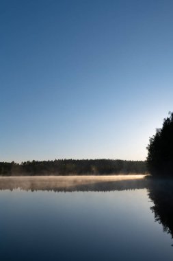 Sunrise 'daki Sakin Göl. Hafif Sis ve Woodland ile birlikte. Fotoğraf Finlandiya 'da çekildi.