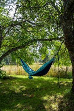 Rahatlatıcı Turkuaz Hamak İki Yeşil Ağaç Arasında Asılı