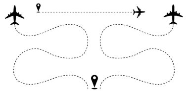 Noktalı çizgiler, uçak ve konum ikonu olan seyahat konsepti, uçak rotası kesik çizgiler, konum broşu ve uçak vektör tasarımı arka planı.