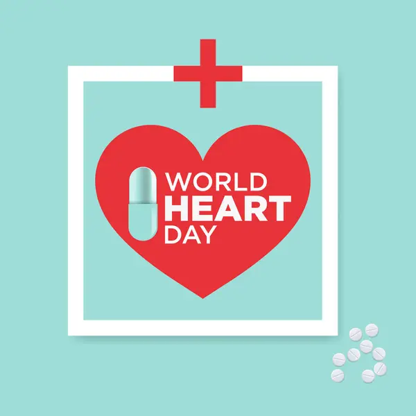 Dünya Kalp Günü sade ve benzersiz tasarımı, kırmızı kalp şekli, sağlık işareti, tabletler, kapsül ve güzel bir geçmişi var.