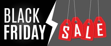 Kara Cuma tanıtımı, pazarlama web afişi, kırmızı etiketli Kara Cuma poster tasarımı, elektrik tabelası, cuma günleri tatil promosyonları ve indirimler..