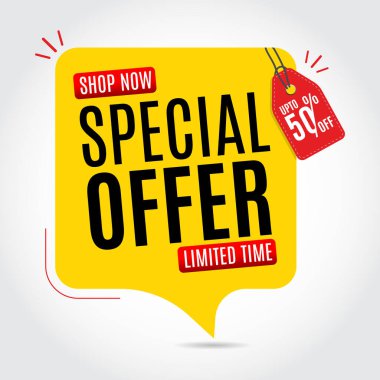 Özel teklif vektör tasarım şablonu, Satış Sancakları etiketi, özel teklif etiketi, sınırlı süre etiketi, asılma etiketi, pazarlama promosyonu için konuşma balonu tasarımı, perakende satış, dükkan, çevrimiçi mağaza veya web sitesi