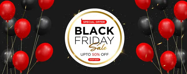 Siyah arka planda siyah helyum balonları olan yaratıcı Kara Cuma afişi, poster ya da el ilanı tasarımı. Reklam için modern tasarım şablonu ve sosyal reklamlar. Vektör illüstrasyonu