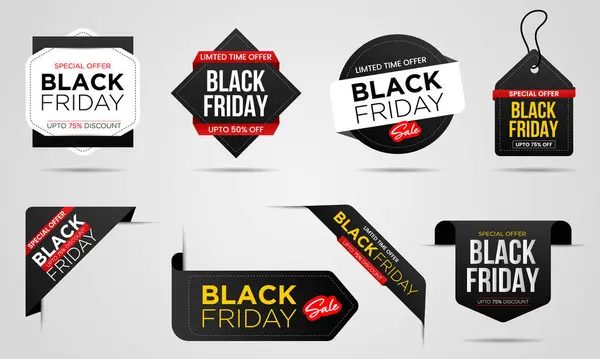 Kara Cuma bayrağı, etiket, etiket, çıkartma, rozet, kurdele, set koleksiyonu. Kara Cuma indirimi için fiyat etiketi. Pazarlama, depolama veya web için Kara Cuma etkinliği için bir şablon tasarla.