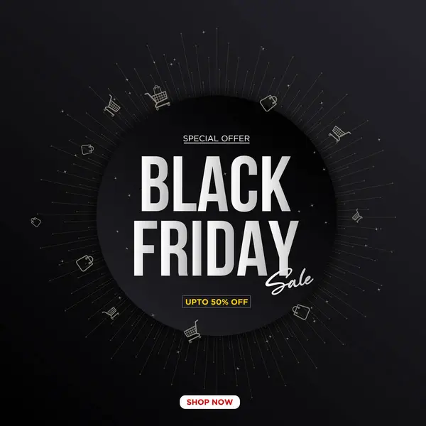 Kara Cuma Satış Sancağı, Poster, veya Flyer Design şablonu, A Circle şekli Black Friday Web Banner, soyut patlamış arka planı, alışveriş tepsisi ve çanta çantasıyla Kara Cuma indirimi için Typography afişi