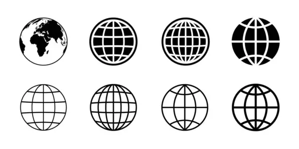 Küresel ikon vektör illüstrasyonu, Gezegen, dünya haritası ve daire şeklinde küresel semboller, dünya çapında düz ikon koleksiyonu, beyaz arkaplan üzerinde izole edilmiş dünya haritası simgeleri..