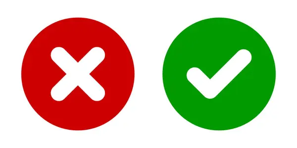 Dört varyantta yeşil onay işareti ve kırmızı haç simgesi, çizgi resim renk simgesini onayla ve reddet, beyaz arkaplanda yuvarlak şekilli doğru ve yanlış basit web düğmeleri kümesi