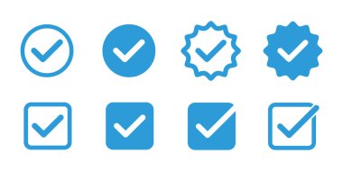 Mavi işaret Doğrulanmış simge, sosyal medya, yıldız, daire ve kare şeklindeki onay kutucuğu işaretleri için onay işareti. Sosyal medya resmi hesap işareti vektör illüstrasyonu. 