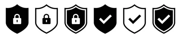 Güvenlik kalkanı simgesi seti, işaretli asma kilit işaretleri, güvenlik kalkanlarının vektör logotları, ya da korumalı güvenlik sembolleri. Koruma kilidi işaretleri vektör gösterimi.