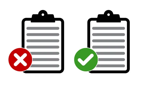 Kırmızı haç ve yeşil onay panosu simgesi, onaylanmış ve reddedilmiş belge listesi sayfaları vektör izole kene sembolleri. Ofis iş başvuru formlarını onayla ve onayla. 