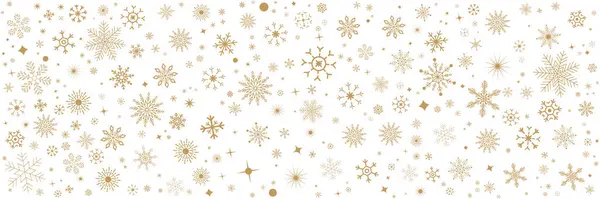 Altın kar taneleri ve konfeti yıldız desenli Noel arkaplanı. Geometrik motifli basit bir Noel modeli. Güzel kar taneleri arka planı. Kar yağışı, karlı doğal manzara ve kış tozu..