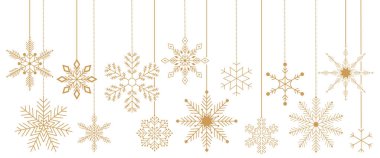 Altın Kar Tanesi pürüzsüz sınır deseni. Parlayan konfeti ve kar taneleri arkaplanlı altın parıltılı arka plan. Basit bir Noel kar tanesi. dikişsiz sınır seti. Noel arkaplanı.