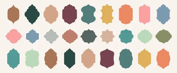 Eski camlar doğu tarzında şekillenir. Ramazan Kareem Kapısı. İslami kapı seti, düz Arap çerçeveleri veya Arap kemerleri Müslüman mimari silueti geometrik tasarım unsuru, minimal Fas kavisleri.