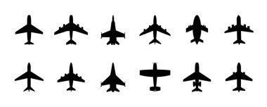 Savaş uçağı, uçak silueti ayarlandı. Uçak havacılık düz stil ikon koleksiyonu. Uçuş taşıma sembolü. Seyahat ve tatil işaretleri. Uçak uçuş işaretleri vektör illüstrasyonunu zorlar.