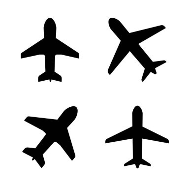 Uçak ikonu seti, uçak vektör işareti, uçak silueti. Uçuş taşıma levhası koleksiyonu, seyahat ve tatil sembolleri. Düz havacılık düz simge taşıyıcı illüstrasyonu.
