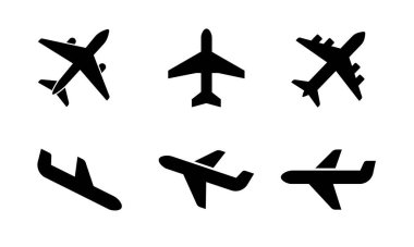 Uçak ikonu seti, Uçak vektör işareti, Havalimanı kalkış sembolü, Uçuş Ulaşım işareti koleksiyonu, Seyahat illüstrasyonu, tatil sembolü. Uçak havacılık düz ikon vektör illüstrasyonu.
