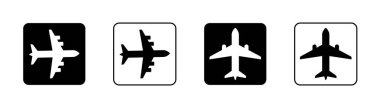 Uçak ikonu. Uçak simgesi seti. Uçuş taşıma sembolü siyah beyaz kare şeklinde. Uçak ikonu. Şeffaf bir arkaplan, vektör illüstrasyonunda izole edilmiş düz seyahat simgesi.