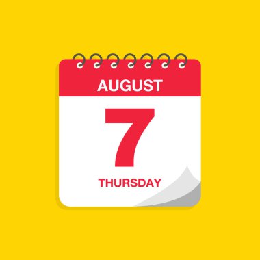 7 Ağustos tarihli gündüz takvimi. Takvim simgesi vektör illüstrasyonu. Olay takvimi anımsatıcı, iş toplantısı programı, randevu tarihi sembolü, sayfa takvimi planlayıcısı işareti, son tarih şablonu.