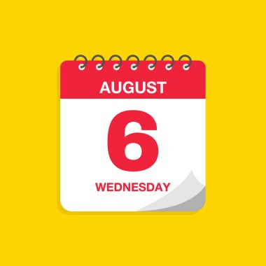6 Ağustos tarihli gündüz takvimi. Takvim simgesi vektör illüstrasyonu. Olay takvimi anımsatıcı, iş toplantısı programı, randevu tarihi sembolü, sayfa takvimi planlayıcısı işareti, son tarih şablonu.